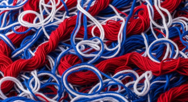 Twisted, swirling, messy pile of red white and blue yarn, background pattern