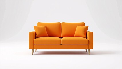 Fototapeta premium Modern Orange Sofa with Cushions, Minimalist Studio Shot, Bright and Airy Mood.