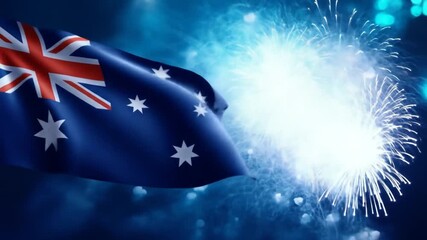 Australian flag waving in the night sky with fireworks - Powered by Adobe