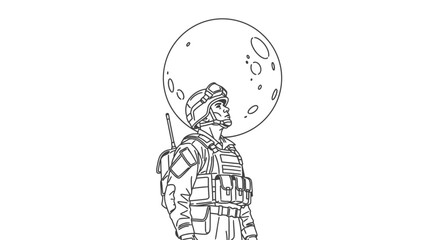 Naklejka premium soldier silhouette, moon, night, military, combat, graphic, line art, illustration, war, army
