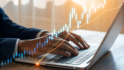 Analyze data for business growth using laptop with dynamic charts and graphs, make smart decisions for future success, and improve performance, professionally