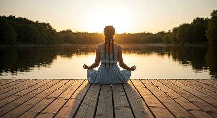 Woman meditating on dock at sunset