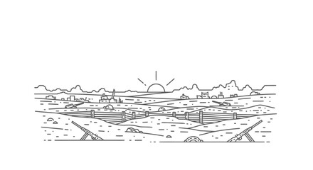 Fototapeta premium sunset battlefield landscape war, military, weapon, trench, line art