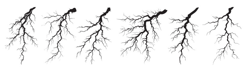 Fototapeta premium Vector lightning silhouettes set. Elements for thunderstorm. Black Lightning Silhouettes for Weather and Storm Design.