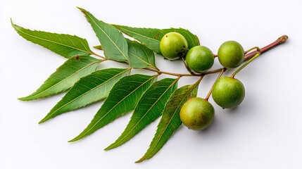 A close up of a neem branch with green leaves and unripe fruits on a white background