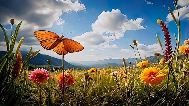 Butterfly Flying Over Wildflower Meadow”
Orange Butterfly Among Summer Flowers”
Beautiful Meadow with Wildflowers and Blue Sky”
Colorful Field with Flowers and Butterfly”
Nature Landscape with Butterf