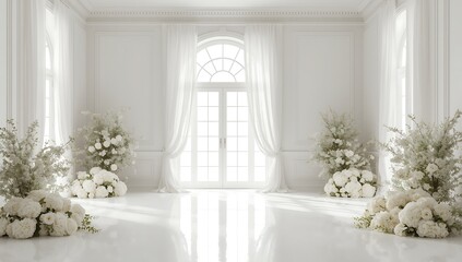 Bright and airy white room interior featuring elegant floral arrangements, bathed in natural light from the window, creating a luxurious and modern space