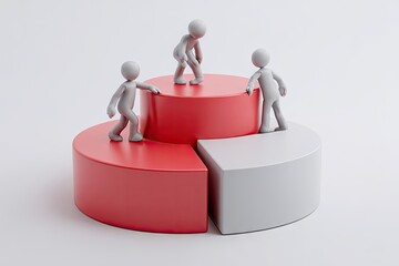 3D figures on pie chart, concept of teamwork and data analysis, white backdrop