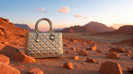 Luxurious metallic dior handbag shimmering in a desert landscape at sunset fashion accessory