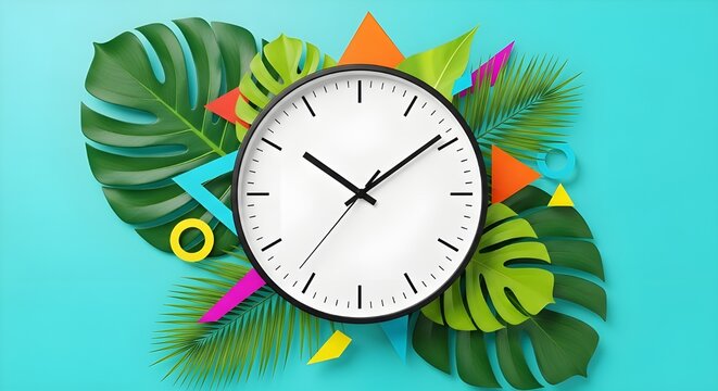 analog clock, tropical leaves, modern, colorful, geometric shapes, vibrant, turquoise background