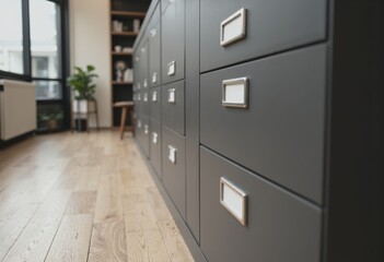 Closed flat file cabinet drawers with blank tabs for organization