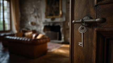Obraz premium A key hanging from a door handle with living room and fireplace visible in background