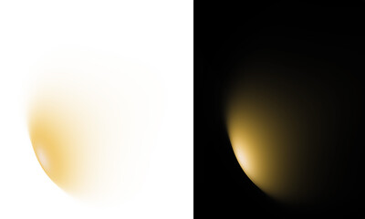 Abstract yellow gold glowing crescent light, like a planet's horizon or an eclipse, on a split white and black background.	