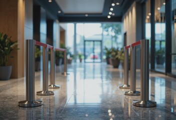 Crowd control stanchions and barrier belts retracted in a modern lobby