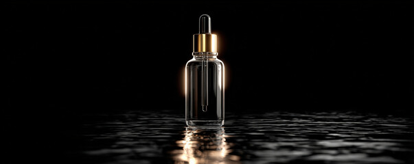 Naklejka premium Realistic serum bottle with sleek design, featuring gold dropper cap, stands prominently against dark background. reflective surface adds depth and elegance, creating luxurious feel