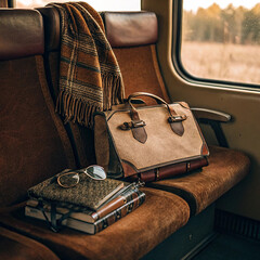 Cozy vintage train seat with warm scarf and leather bag evokes nostalgic travel and autumn journeys