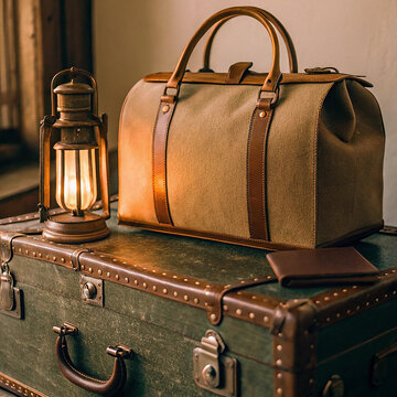 Vintage carpet bag and lantern resting on an old trunk evoking nostalgia and travel memories