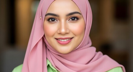 Smiling young woman wearing a pink hijab, close-up portrait.