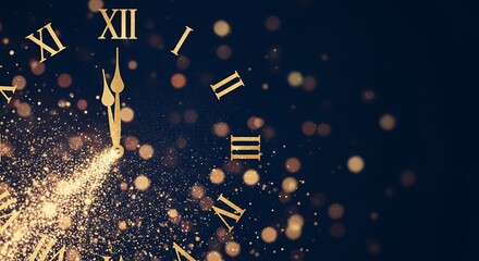 Close up view of a clock face with Roman numerals and golden glitter particles swirling against a dark blue bokeh background showing the hands approaching midnight