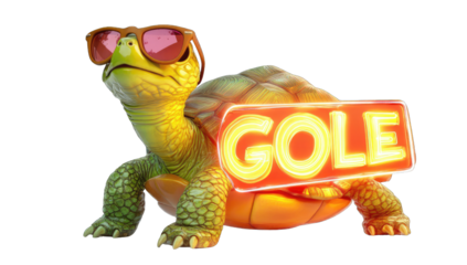 Cartoon turtle wearing sunglasses, holding neon sign