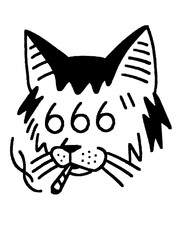 Smoking cat head with the number 666 in a dark, stylized art