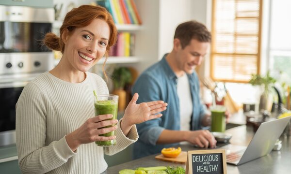 Happy couple enjoying healthy smoothie in kitchen