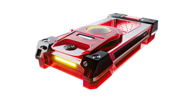 Futuristic, red-lit portable device