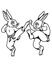 Action-packed drawing of rabbits practicing karate or taekwondo