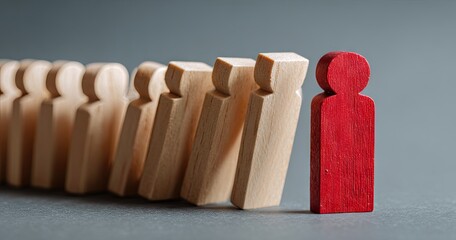 Domino effect concept with wooden figures. One red figure stands apart