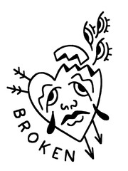 Abstract and surreal illustration of a broken heart with a face