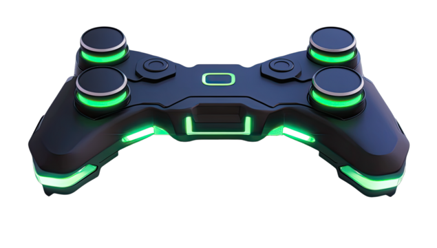 A futuristic gaming controller with glowing green accents