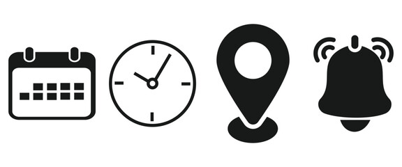 Minimal Black and White Glyph Icons of Time, Date, Calendar, Location and Notifications