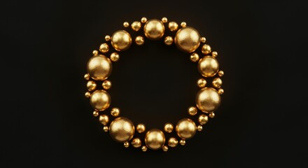 A circular arrangement of various sizes of polished gold spheres on a black background creating an abstract decorative pattern with empty space in the center