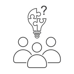 A group of people and a light bulb in the shape of a puzzle and a question mark on the missing piece.