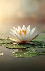 Elegant White Lotus Flower Floating on Calm Water with Dewy Green Leaves, Minimalistic Softly Blurred Background, Warm Natural Light, Ample Space for Text, Serene and Luxurious Mood