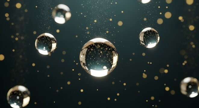 Several clear transparent spheres float in a dark deep sea environment surrounded by numerous small glowing golden particles Bubble Water Liquid Light - Powered by Adobe