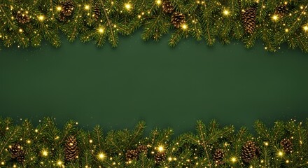 Festive arrangement of evergreen branches adorned with pine cones and warm string lights against a solid green background Christmas Holiday Decoration