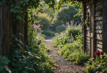 Allotment garden scene featuring a compost bay, tool shed, and winding path