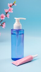Blue Pump Bottle and Pink Tube Skincare Product Mockup; Spring Blossom Background.