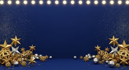 Festive gold and silver geometric shapes and stars arranged on a dark blue background with glowing string lights and scattered gold glitter celebration