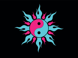 Flaming yin yang sun symbol in vibrant colors