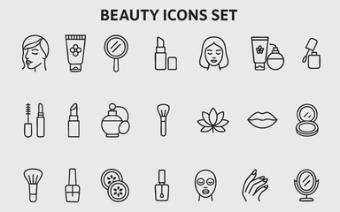 a set of 21 outline icons dedicated to beauty and care. All icons are made in a minimalist style with black outlines on a white background.