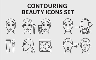 a set of eight outline icons dedicated to contouring in the beauty industry. All icons are made in a minimalist style with black outlines on a white background.