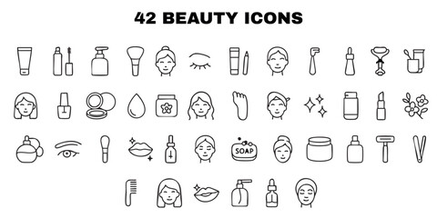 a set of 42 outline icons dedicated to beauty and care. All icons are made in a minimalist style with black outlines on a white background.
