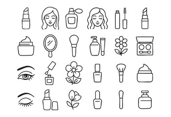a set of outline icons related to cosmetics and personal care. All icons are designed in a minimalist style with black outlines on a white background.
