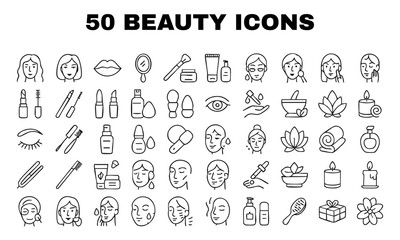 a set of 50 outline icons dedicated to beauty and care. All icons are made in a minimalist style with black outlines on a white background.