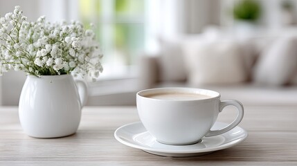 White Coffee Cup and Flowers on a Table
