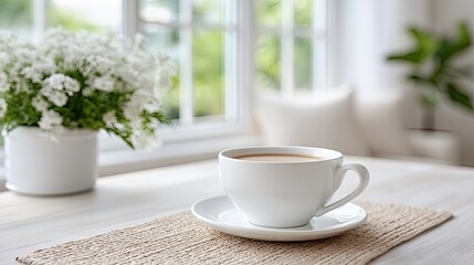 White Coffee Cup on a Light Wooden Table Near a Window with White Flowers