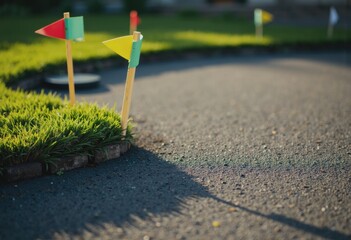 Mini-golf course featuring a ribbon line with colorful flags and arch base