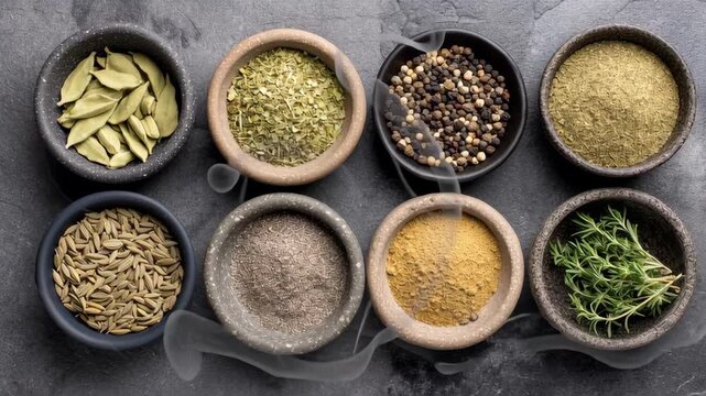 Various Culinary Spices and Herbs Arranged in Bowls on Dark Surface for Flavorful Cooking and Recipe Inspiration